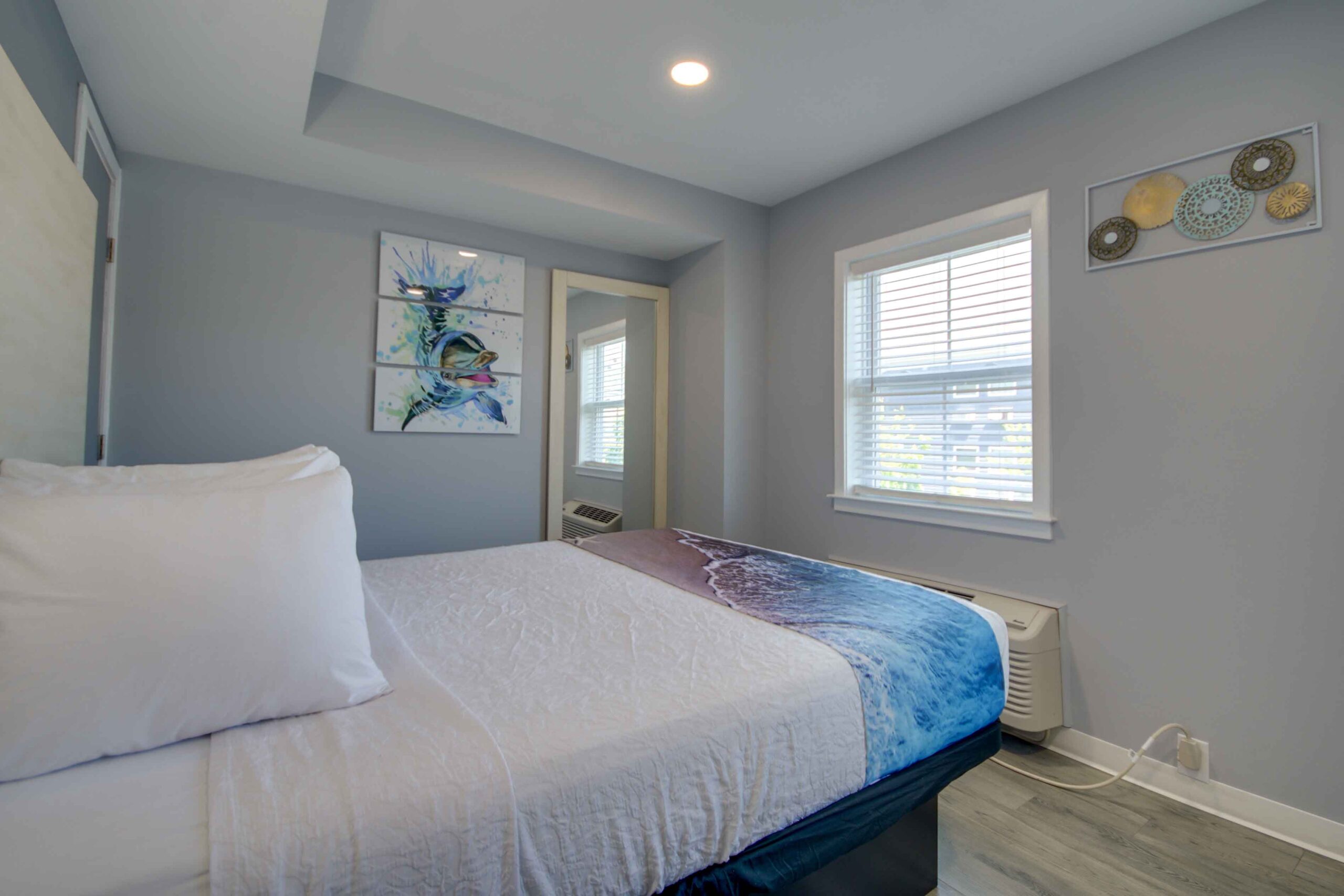 hotel room with queen bed